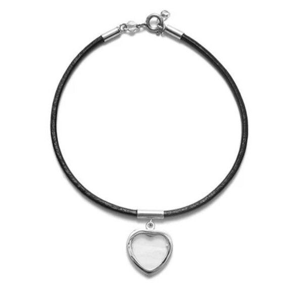 DANGLING STERLING SILVER HEART PICTURE CHARM LEATHER BRACELET - 7.5 INCH - Picture 2 of 4